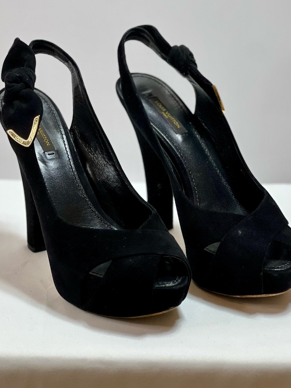 Louis Vuitton Black Tonka Suede Peep-Toe Slingback Platform Heels